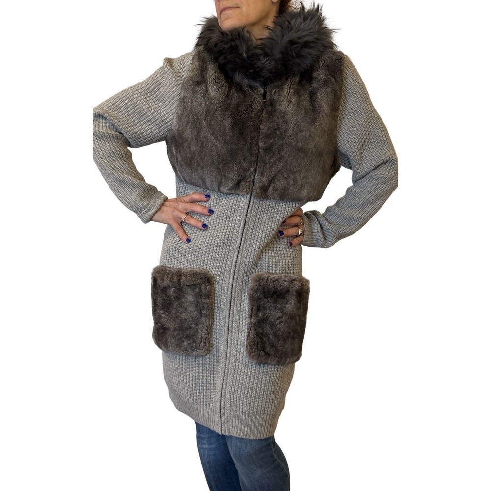 Max & Moi Cashmere Wool Hooded Cardigan Zip Sweater Jacket Fur Trim Gray  40 M/L